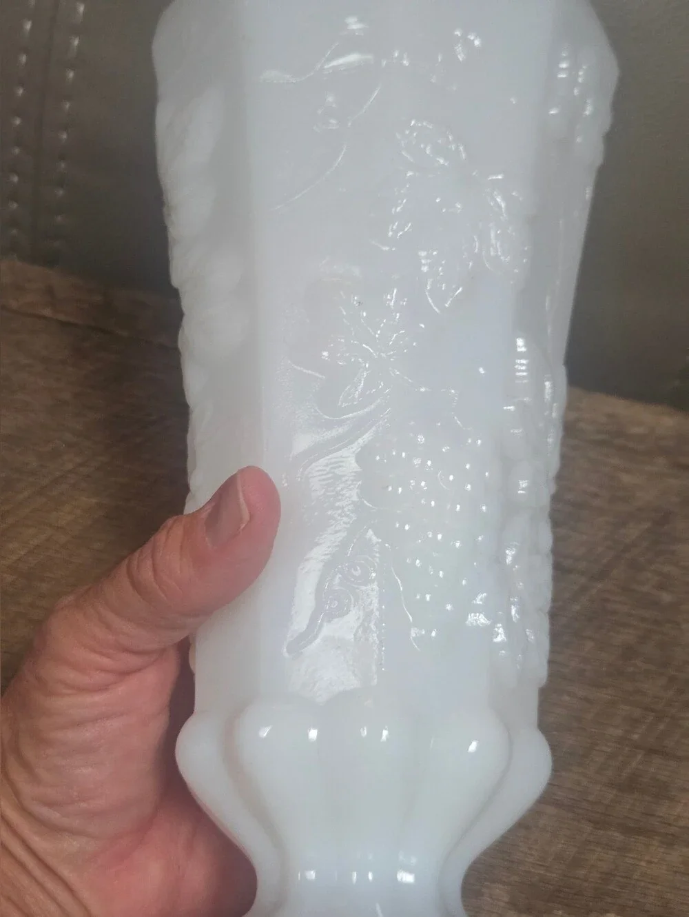 Vintage White Milk Glass Floral Pedestal Vase ~ Bin 1B